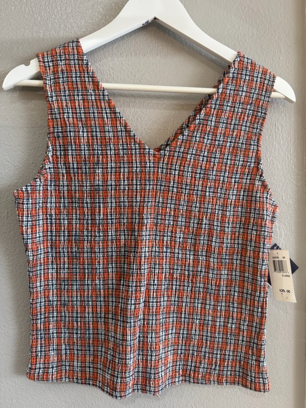 Textured V-Neck Plaid Tank Top in Orange, Black & White